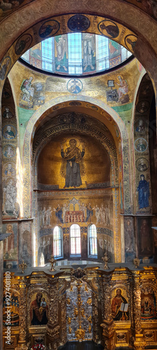 Famous interior of mosaic artwork. Cathedral of Saint Sophia - Wisdom of God, Sophia of Kyiv or Sophia Cathedral is a Christian cathedral. A monument of Ukrainian architecture and monumental painting