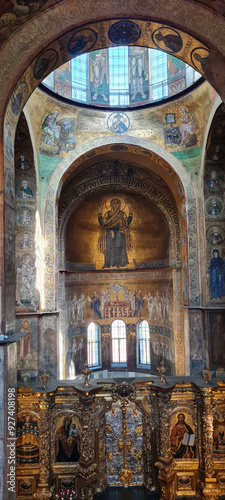 Famous interior of mosaic artwork. Cathedral of Saint Sophia - Wisdom of God, Sophia of Kyiv or Sophia Cathedral is a Christian cathedral. A monument of Ukrainian architecture and monumental painting