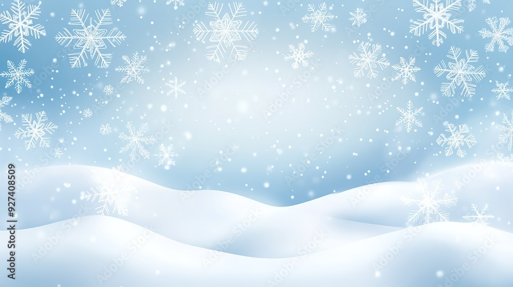 Gentle snowfall blankets a serene winter landscape with soft snowdrifts and snowflakes against a blue sky Gentle snowfall blankets a serene winter landscape with soft snowdrifts and snowflakes against a blue sky