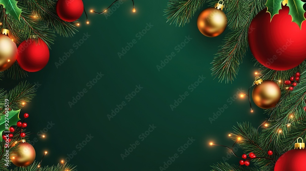 Naklejka premium Festive Christmas decorations with red and gold ornaments and greenery on a dark green background