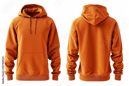 Blank orange hoodie sweatshirt long sleeve front and back view mockup with clipping path, hoody for design mockup for print, isolated on white background