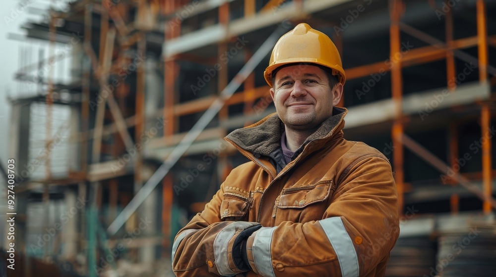 American worker construction in hard safety helmet hat at work on construction site. Labour day concept. Generative ai. American worker construction in hard safety helmet hat at work on construction site. Labour day concept. Generative ai.