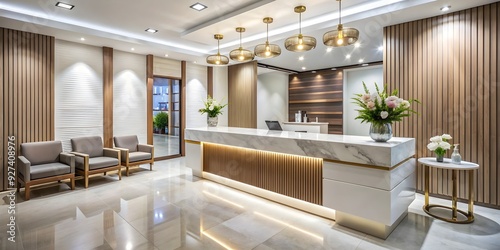Reception area of a beauty salon with elegant decor and a sleek counter, beauty, salon, reception, interior, elegance
