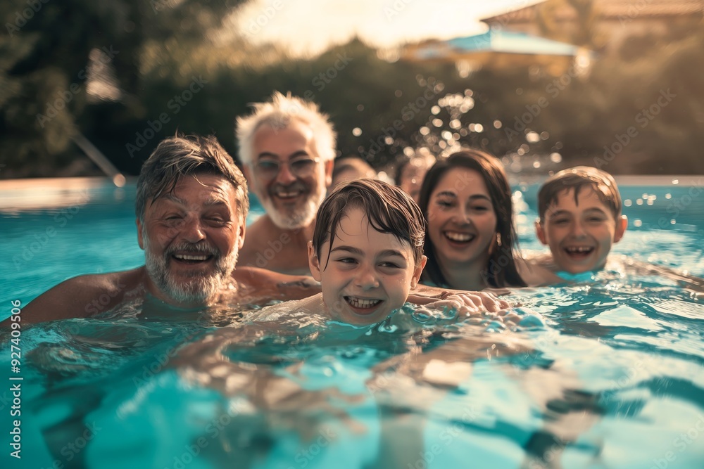 Multigenerational family enjoying fun summer day swimming in outdoor pool smiling Multigenerational family enjoying fun summer day swimming in outdoor pool smiling