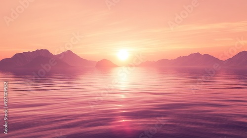 Sunset over a calm lake with mountains in the background during twilight