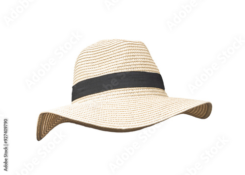 Summer straw hat png isolated (clipping path) on white background in Panama fashion hat style for summer beach vacation sun screen protection for both men and women photo