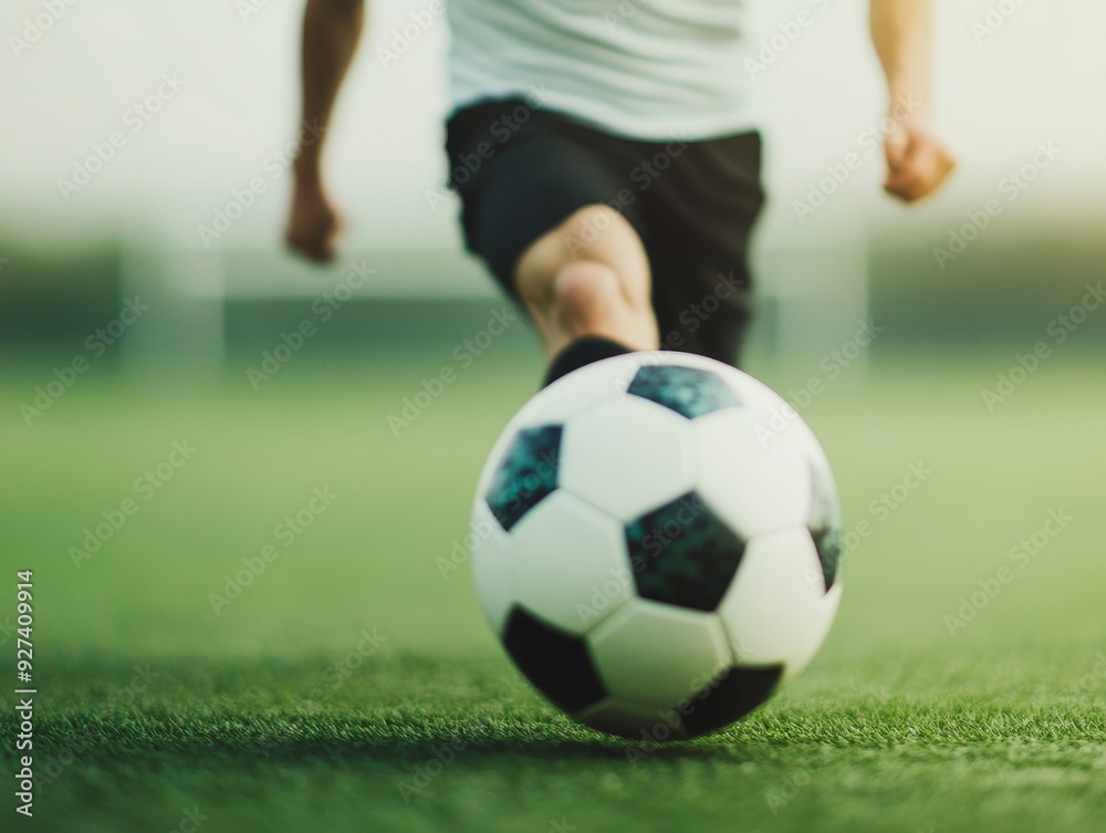 Fototapeta premium A dynamic moment capturing a soccer player dribbling a ball on a lush green field during a sunny day.