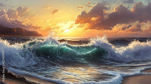 Fototapeta Naklejka Na Ścianę i Meble -  rough wave beach at sunset