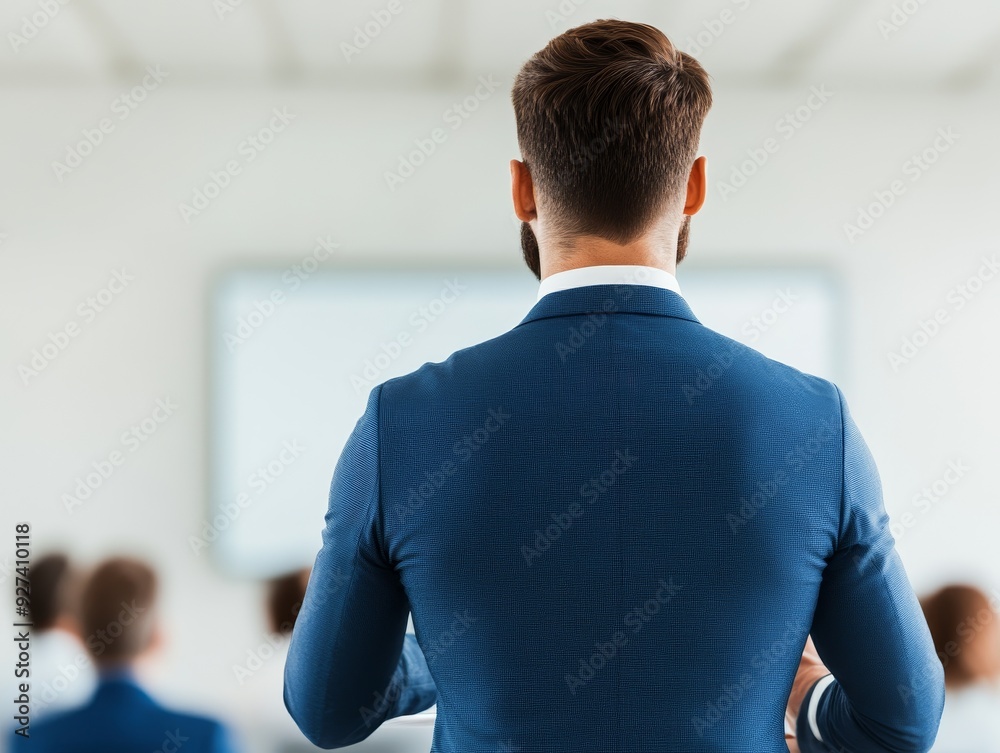 A businessman in a blue suit gives a presentation to a group of people in a conference room. A businessman in a blue suit gives a presentation to a group of people in a conference room.