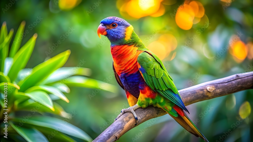 Vibrant parrot with colorful feathers sitting on a tree branch, exotic, bird, tropical, wildlife, vibrant, plumage, avian, animal