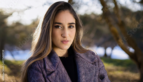 Winter. Headshot of a stylish female fashion model in outdoor settings photo