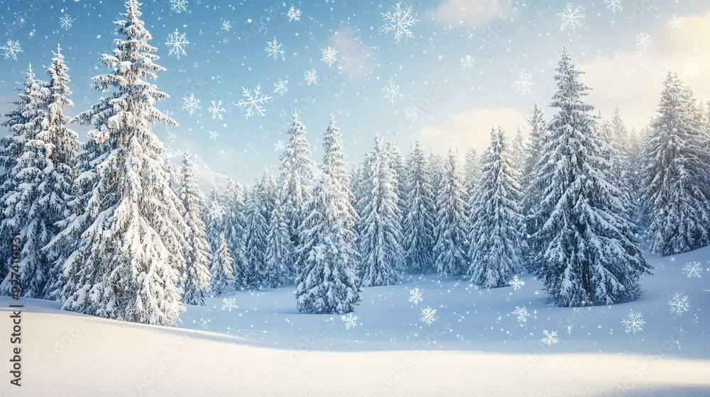 Snow-covered pine forest under a clear sky during winter Snow-covered pine forest under a clear sky during winter