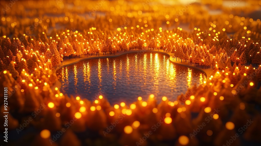 A beautiful sunset illuminates a serene lake surrounded by glowing trees, creating a tranquil natural landscape. A beautiful sunset illuminates a serene lake surrounded by glowing trees, creating a tranquil natural landscape.