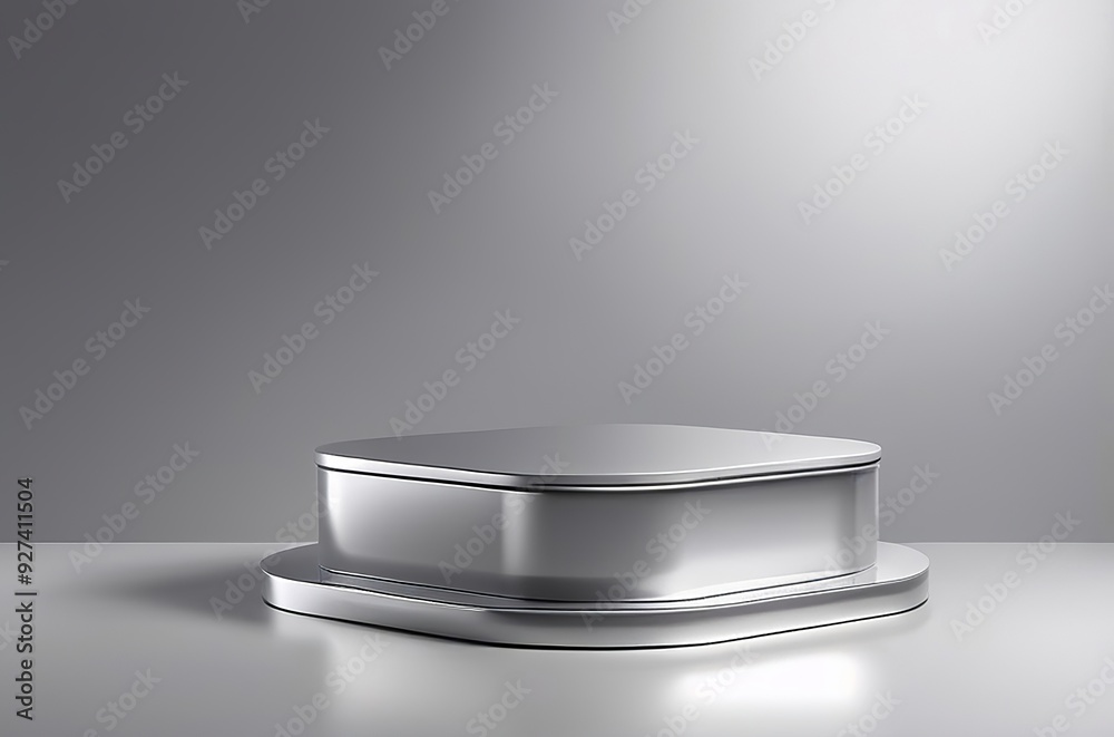Shiny silver blank podium with a smooth finish, placed on a soft gray background with subtle sparkles, ideal for beauty products. Made with generative AI technology Shiny silver blank podium with a smooth finish, placed on a soft gray background with subtle sparkles, ideal for beauty products. Made with generative AI technology