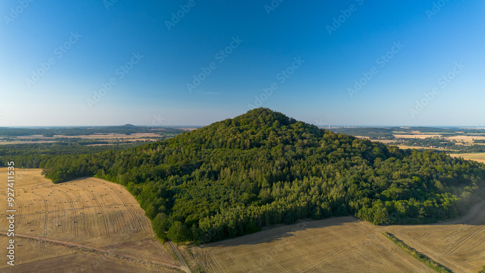 Naklejka premium Aerial view of Ostrzyca Proboszczowska, an extinct volcano in Lower Silesia, Poland