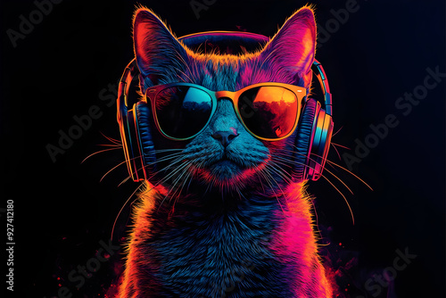 Cool cat with headphones and sunglasses, showcasing a fun, vibrant lifestyle in neon colors.