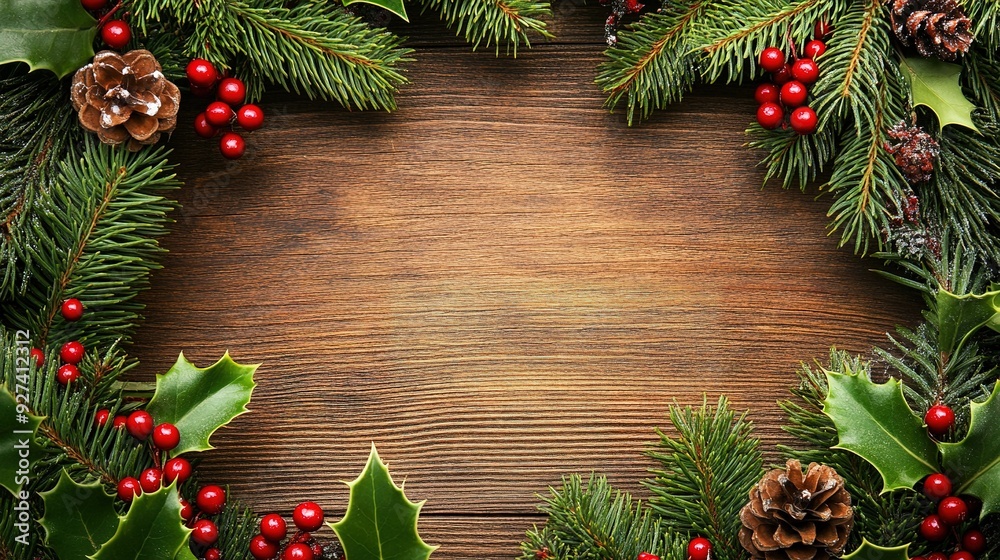 Festive holiday wreath with pinecones and berries on a wooden background Festive holiday wreath with pinecones and berries on a wooden background