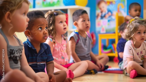 Preschool children learning in classroom, diverse kindergarten kids listening to teacher, education concept
