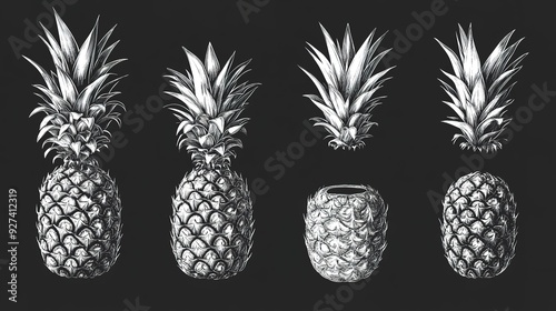 Detailed illustrations of pineapples showcasing different stages of appearance against a dark background