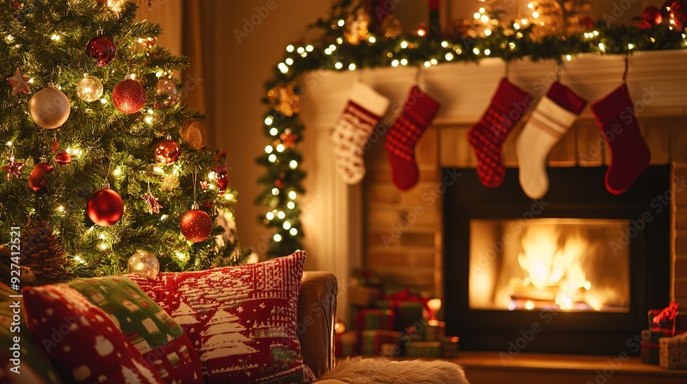 Cozy living room decorated for Christmas with a tree, stockings, and a warm fire burning in the fireplace Cozy living room decorated for Christmas with a tree, stockings, and a warm fire burning in the fireplace