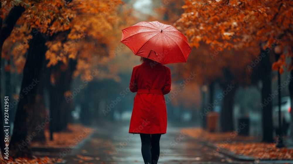 Obraz premium Woman with Red Umbrella Walking in Rainy Autumn Park