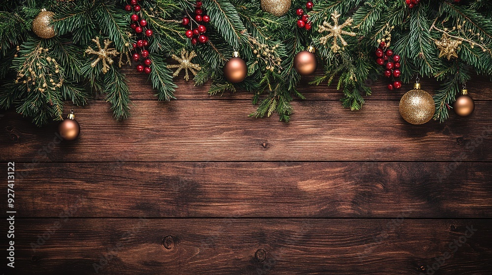 Festive holiday greenery and decorations on a rustic wooden background