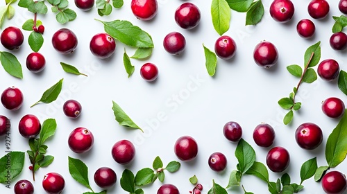 Fresh red cranberries and green leaves scattered on a clean white background in a flat lay composition.