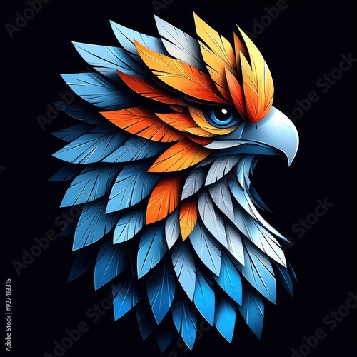 Abstract Eagle Illustration With Feathers in Orange, Blue and White on Black Background photo