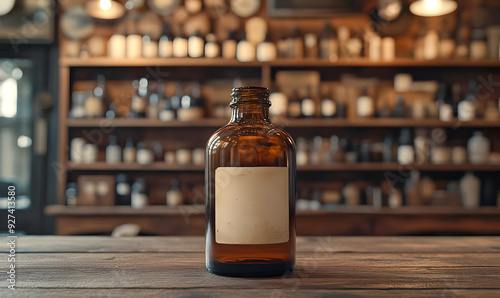 Vintage amber bottle stands on a rustic wooden table, surrounded by a collection of various glass containers in a warm ambiance.