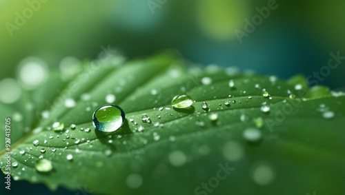  a green leaf with water droplets on it.