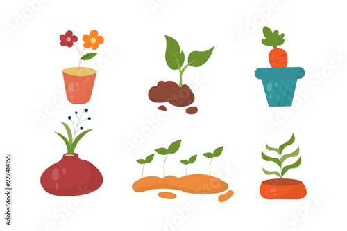 vector set of garden plants, seeds, flowers, carrots. flat cartoon and colorful design