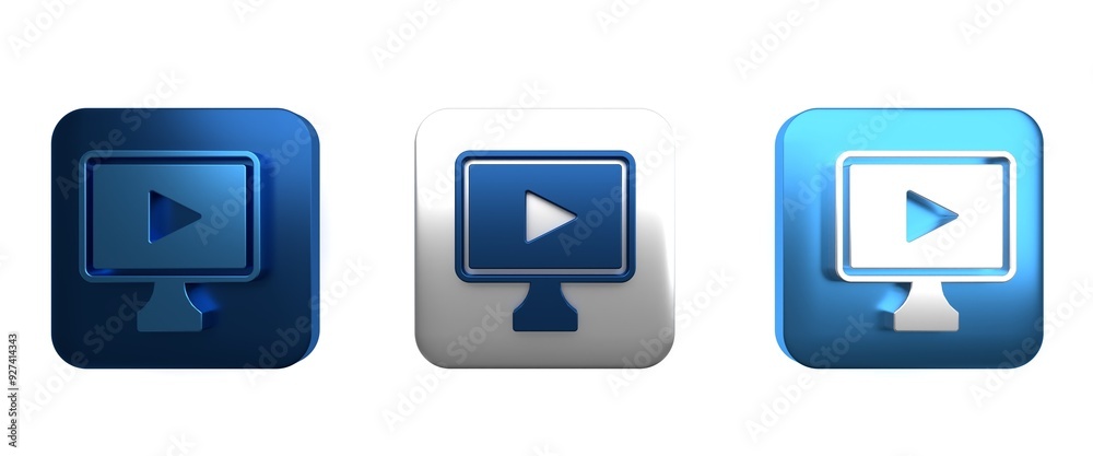 Colorful Online play video icon isolated on white background. Film strip with play sign. Square button. 3D render illustration Colorful Online play video icon isolated on white background. Film strip with play sign. Square button. 3D render illustration