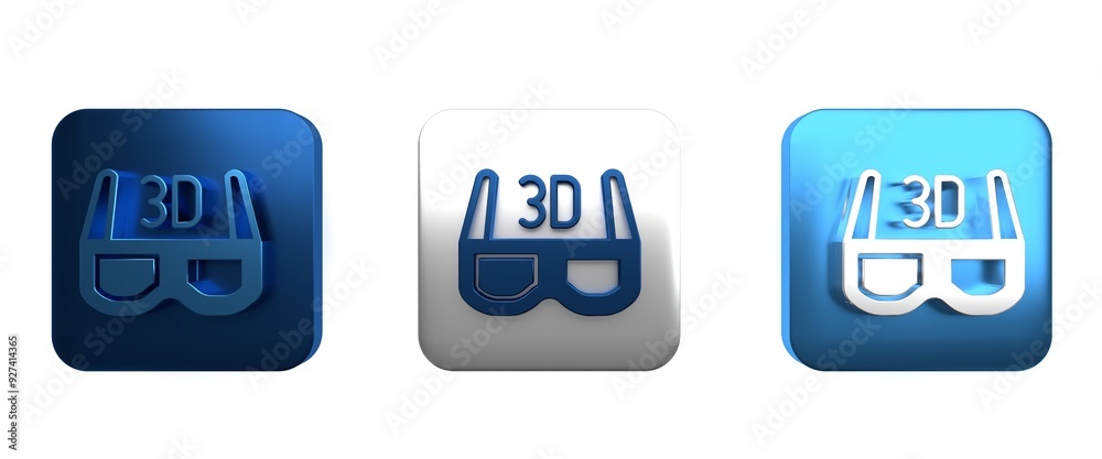 Colorful 3D cinema glasses icon isolated on white background. Square button. 3D render illustration Colorful 3D cinema glasses icon isolated on white background. Square button. 3D render illustration
