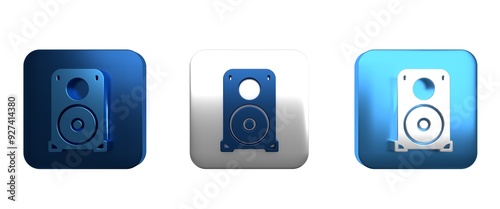 Colorful Stereo speaker icon isolated on white background. Sound system speakers. Music icon. Musical column speaker bass equipment. Square button. 3D render illustration