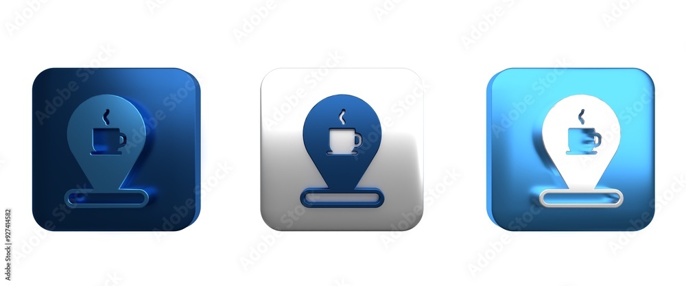Colorful Location with coffee cup icon isolated on white background. Square button. 3D render illustration Colorful Location with coffee cup icon isolated on white background. Square button. 3D render illustration