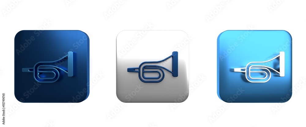 Colorful Musical instrument trumpet icon isolated on white background. Square button. 3D render illustration Colorful Musical instrument trumpet icon isolated on white background. Square button. 3D render illustration