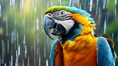 Colorful Macaw in Rainforest: Vibrant Bird Photography in Nature's Wet Habitat