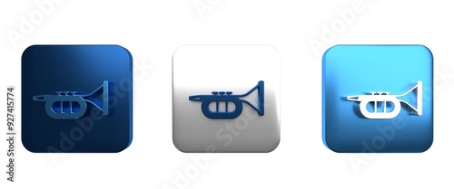 Colorful Trumpet icon isolated on white background. Musical instrument. Square button. 3D render illustration