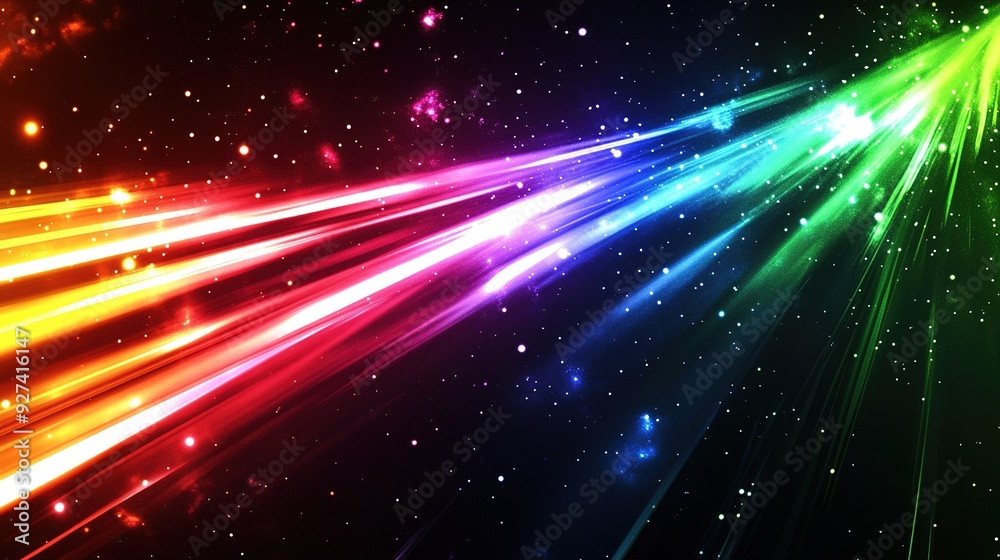 Colorful light beams illuminate a dark cosmic space with stars and a vibrant rainbow spectrum Colorful light beams illuminate a dark cosmic space with stars and a vibrant rainbow spectrum