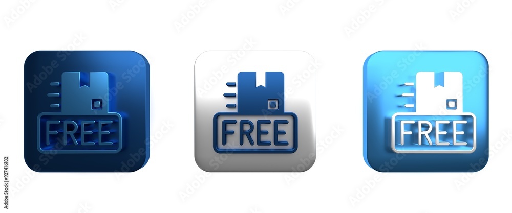 Colorful Cardboard box with free symbol icon isolated on white background. Box, package, parcel sign. Delivery, transportation and shipping. Square button. 3D render illustration Colorful Cardboard box with free symbol icon isolated on white background. Box, package, parcel sign. Delivery, transportation and shipping. Square button. 3D render illustration