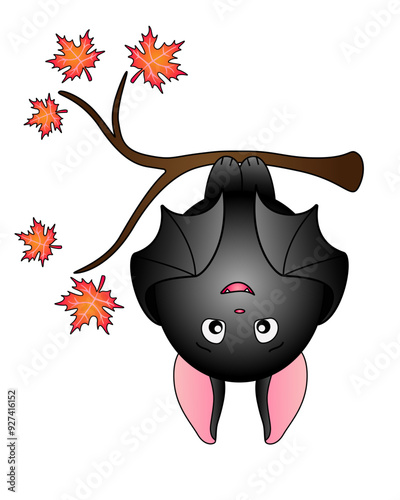 Cute fat bat hangs upside down on a maple branch - vector full color illustration. A bat on an autumn tree getting ready for bed - funny illustration for children.	