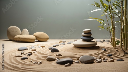 Obraz na płótnie a zen garden with rocks and sand, and a bamboo plant. w salonie