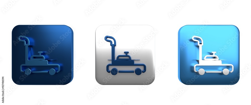 Colorful Lawn mower icon isolated on white background. Lawn mower cutting grass. Square button. 3D render illustration Colorful Lawn mower icon isolated on white background. Lawn mower cutting grass. Square button. 3D render illustration