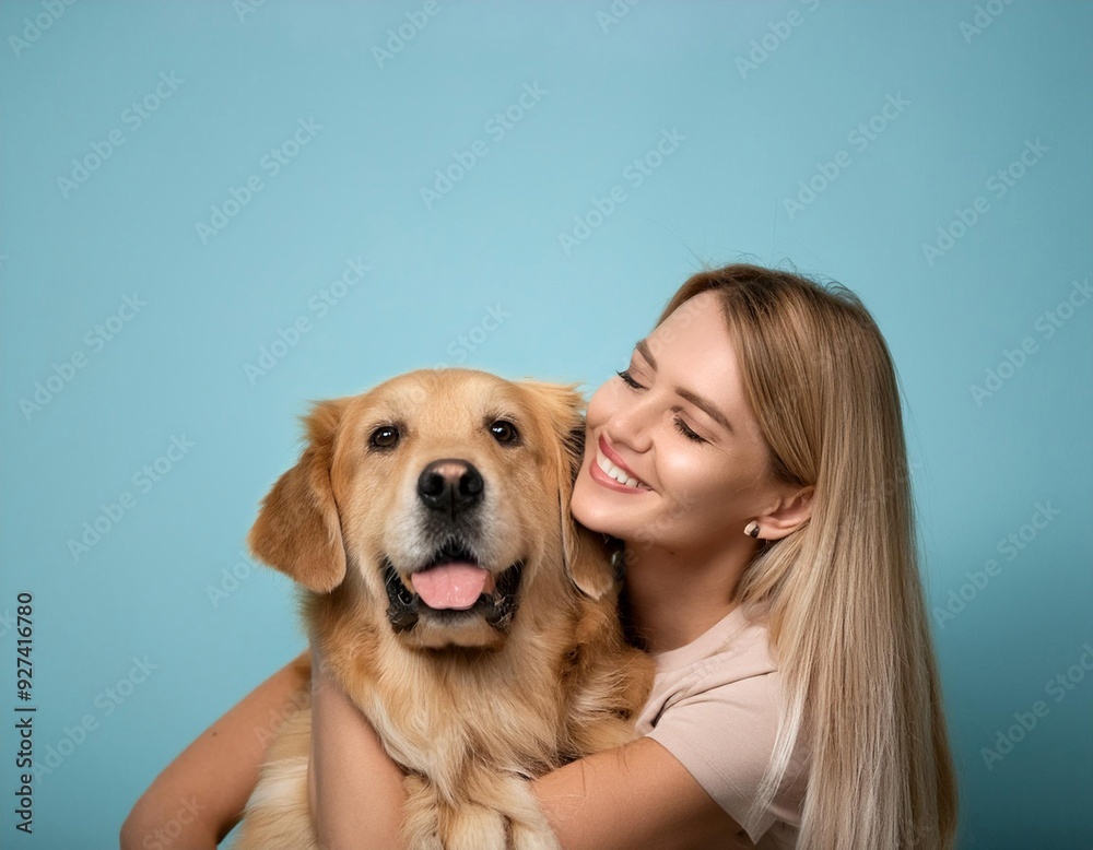 Young Woman Joyfully Embracing Her Golden Retriever Against a Light Blue Background Young Woman Joyfully Embracing Her Golden Retriever Against a Light Blue Background