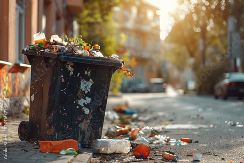 Overflowing trash bin on a city street with litter scattered around