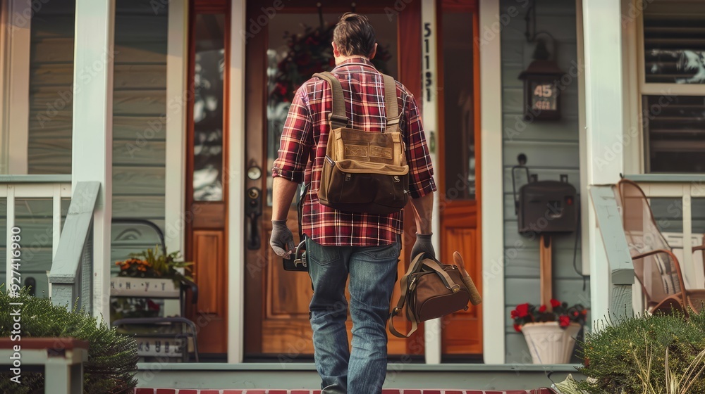 Back of a skilled repairman or handyman entering a home through the front entrance with a bag and tools Back of a skilled repairman or handyman entering a home through the front entrance with a bag and tools