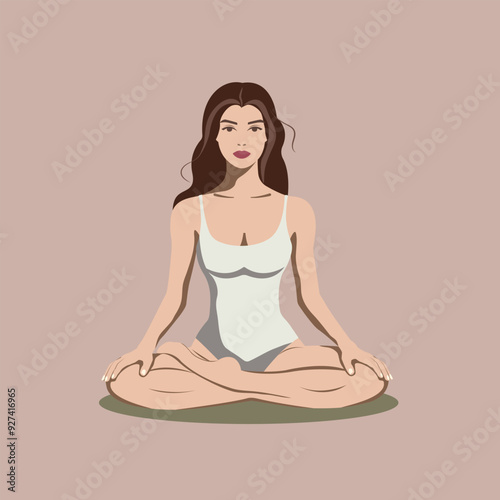 Young woman practicing yoga. Europian American girl with simple facial features in padmasana pose. Design for yoga studio, health life, natural medicine clinic, beauty. Flat vector illustration EPS10