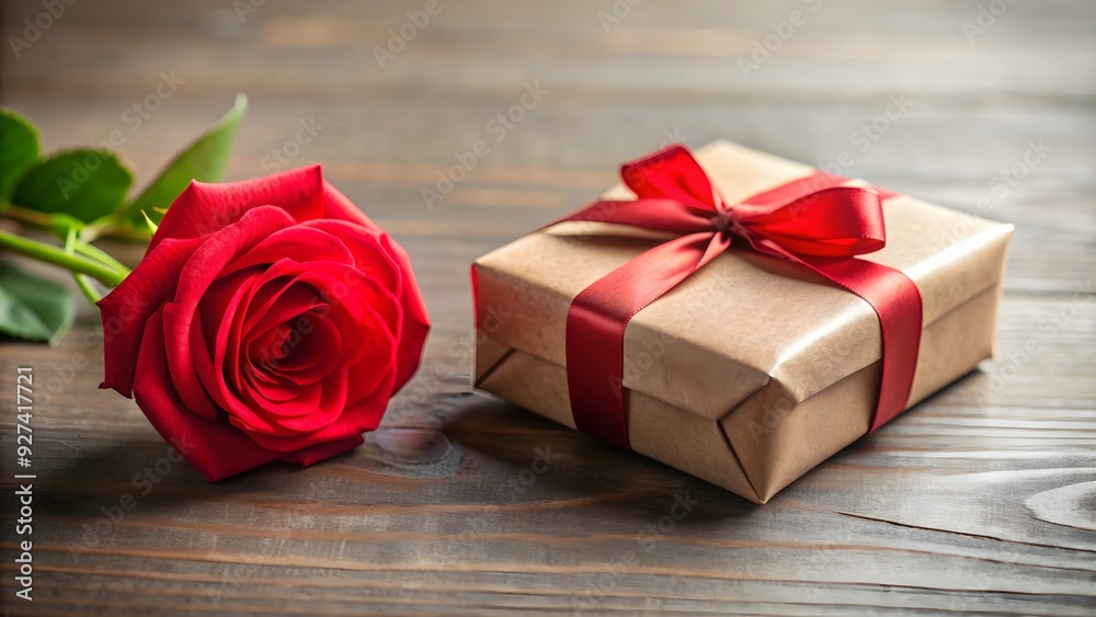 Gift box wrapped in elegant paper, topped with a single red rose, Romantic, Gesture, Wrapped, Gift Box, Adorned, Single, Red Gift box wrapped in elegant paper, topped with a single red rose, Romantic, Gesture, Wrapped, Gift Box, Adorned, Single, Red