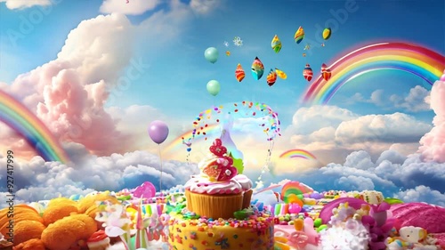 Fantasy Sweets and Candy Rainbow: Magical Dessert Celebration in a Whimsical Sky