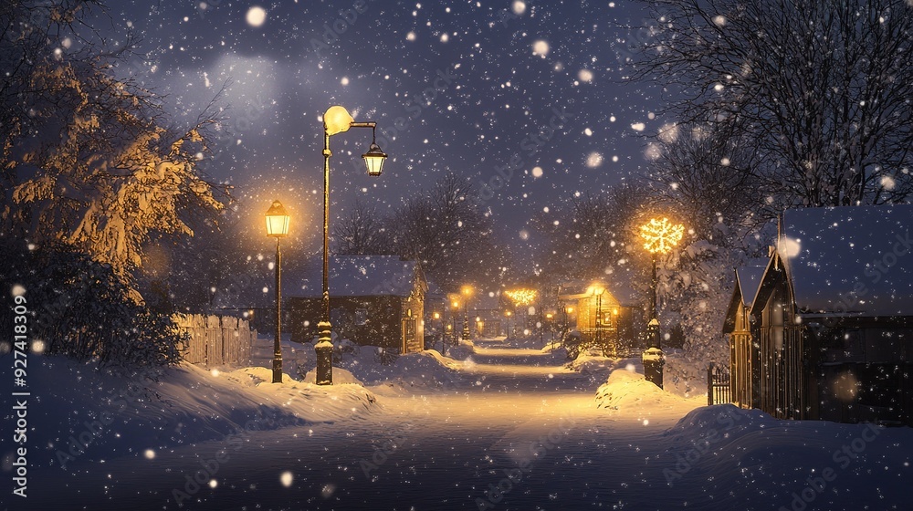 Fototapeta premium Snow falling on a quiet village street with lit lampposts at night during winter